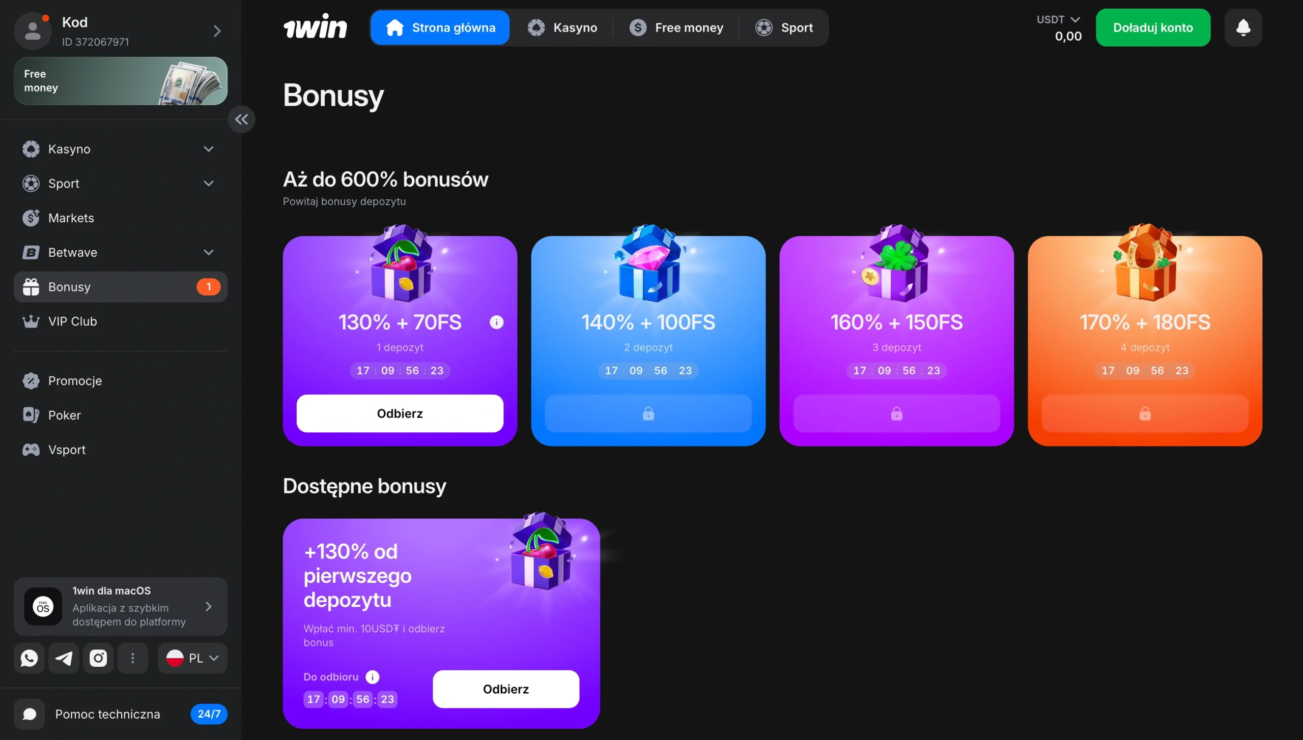Dzial z bonusami w 1win i podzial pakietu na depozyty
