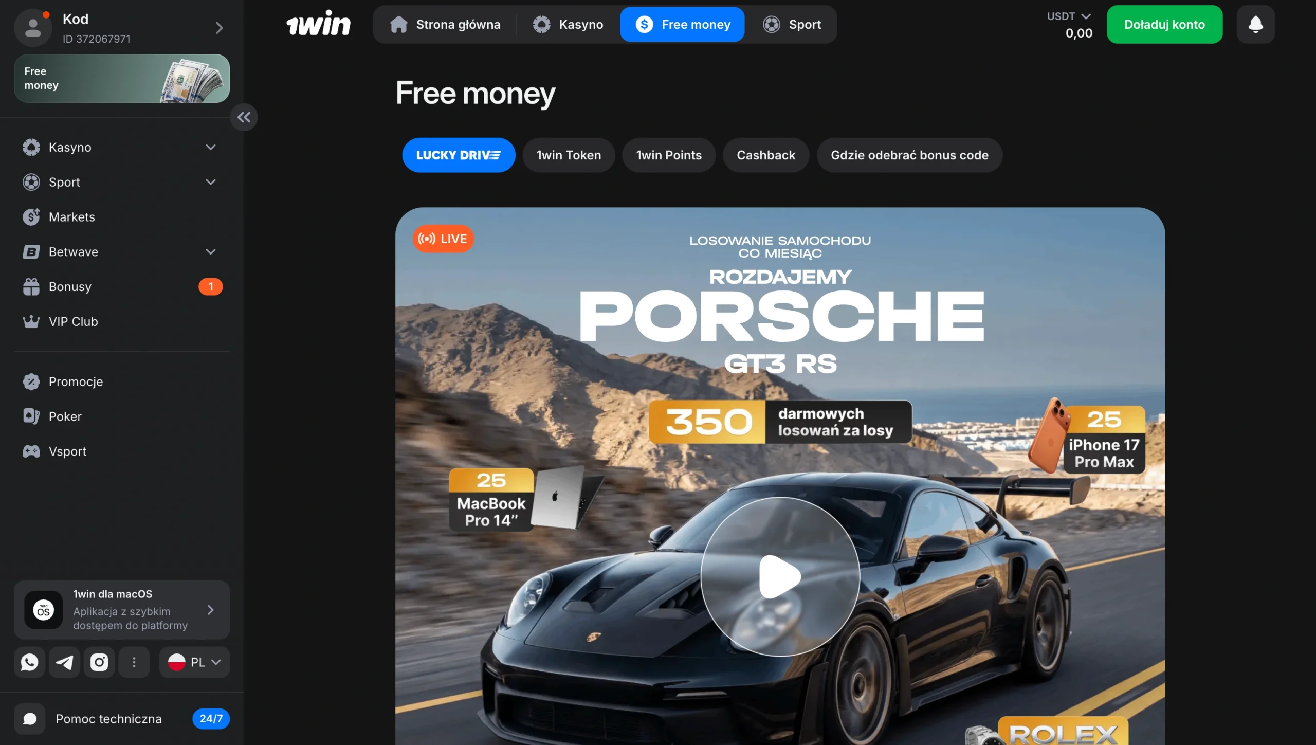 Sekcja z darmowymi nagrodami w 1win i promocja LUCKY DRIVE